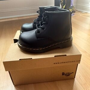 Dr. Martens Kids Black Leather Lace-Up Boots with Yellow Stitching